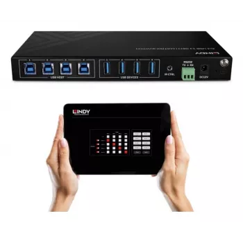 Lindy 4x4 USB 3.2 Gen 1 matricas pārslēgs, 5 Gbit/s, melns, metāls, rotējošs, CE, FCC, RoHS & REACH, USB Type-A, USB Type-B