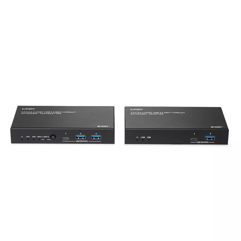 Lindy 100m Cat.6A 2 Host USB 3.2 Gen 1 HDBaseT paplašinātājs, tīkla raiduztvērējs, 100 m, 480 Mbit/s, Cat6a, VS6320, fosfora bronza