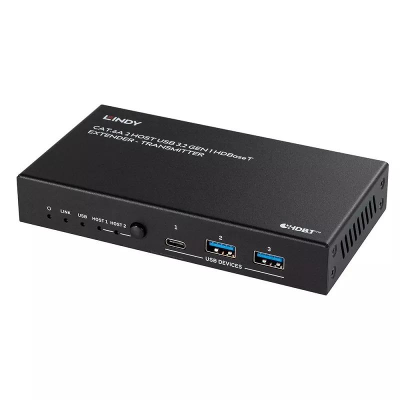 Lindy 100m Cat.6A 2 Host USB 3.2 Gen 1 HDBaseT paplašinātājs, tīkla raiduztvērējs, 100 m, 480 Mbit/s, Cat6a, VS6320, fosfora bronza