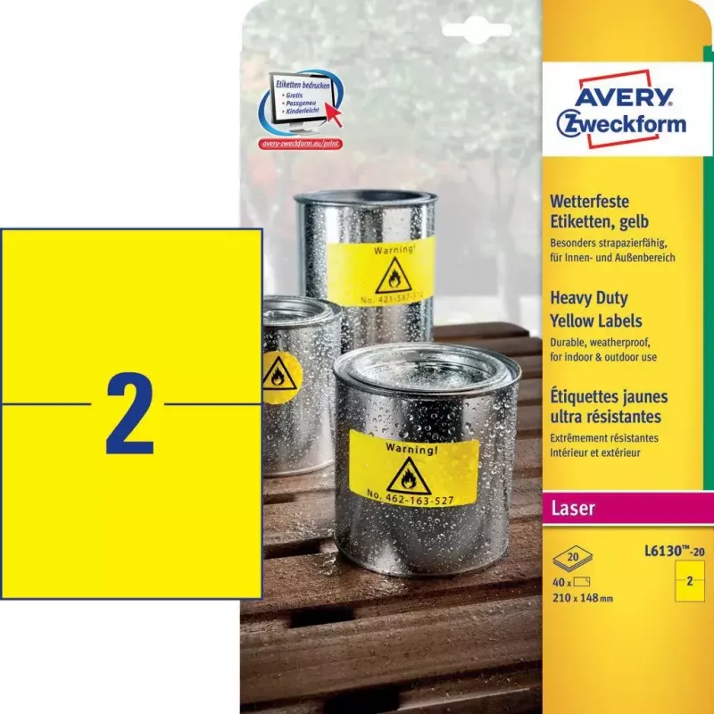 Pašlīmējošā etiķete Avery L6130-20 Taisnstūra Dzeltena