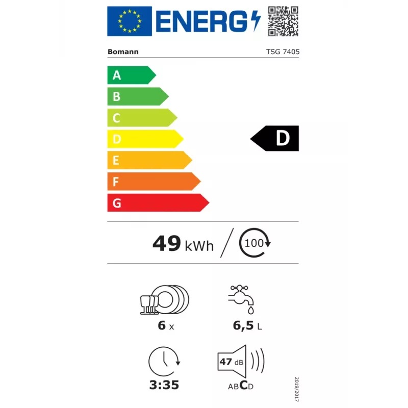 Galda trauku mazgājamā mašīna BOMANN TSG 7405, 6 galda klājumiem, 47 dB, 5 programmas, Pilna izmēra
