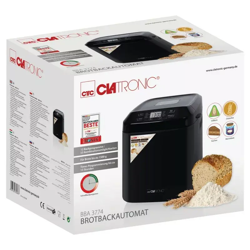 Maizes cepšanas iekārta CLATRONIC BBA 3774 550 W – 3 L panna, līdz 1,5 kg kukulim, 12 programmas, LCD taimeris