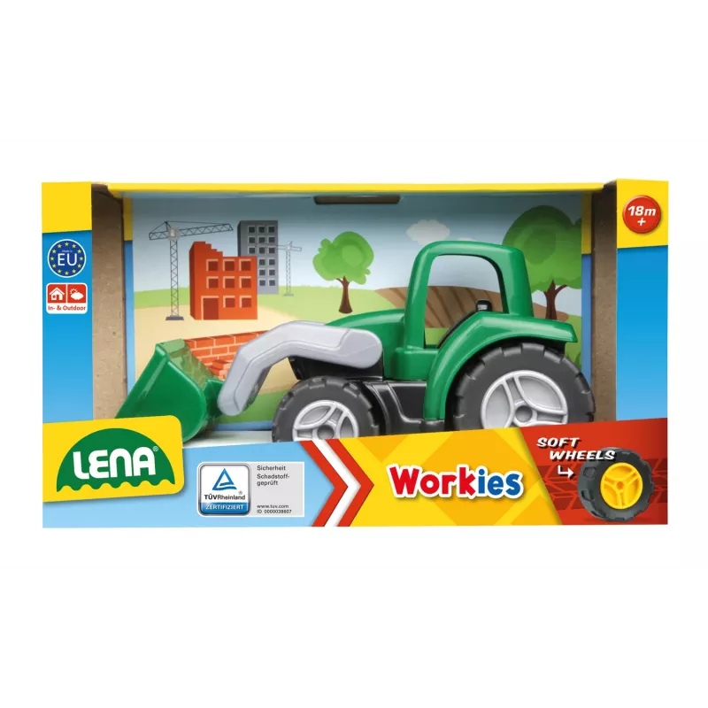 Rotaļu traktors Lena Workies 01263 ar lāpstu — plastmasas sēžamā konstrukcijas rotaļlieta, piemērota spēlēm ārā un telpās
