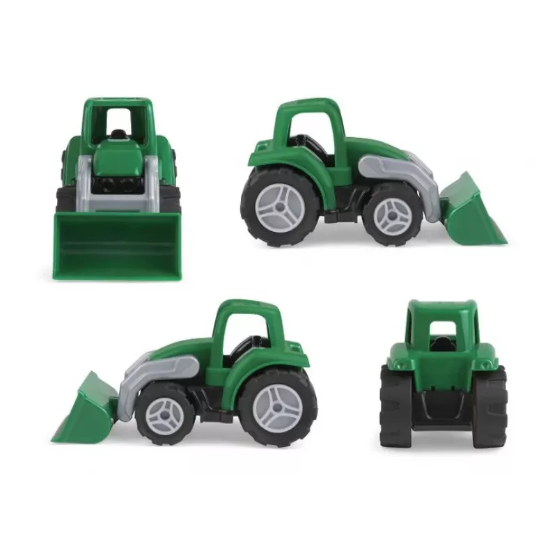 Rotaļu traktors Lena Workies 01263 ar lāpstu — plastmasas sēžamā konstrukcijas rotaļlieta, piemērota spēlēm ārā un telpās