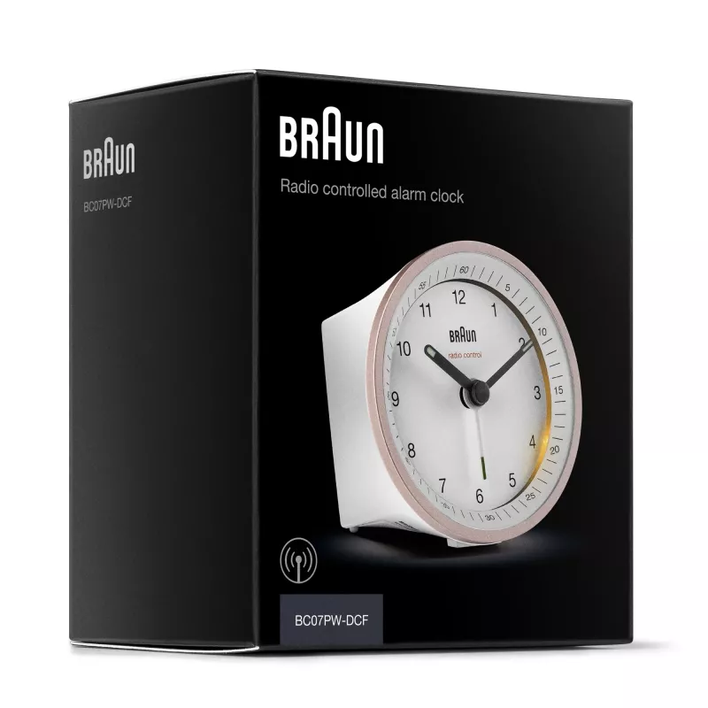 Braun BC07 kvarca modinātājpulkstenis rozā, baltā krāsā