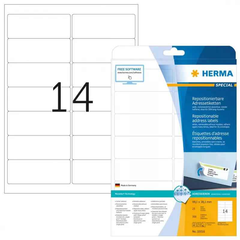 Pārvietojamas adrešu uzlīmes HERMA 99,1x38,1 mm balta 350 gab.