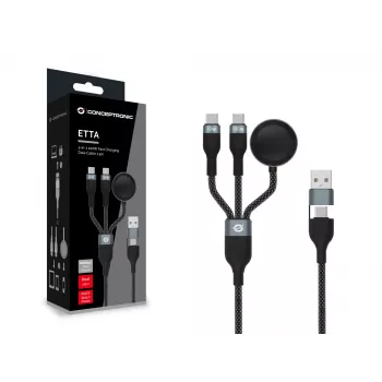 USB A uz 2× USB-C 3-in-1 ātrās uzlādes datu kabelis Conceptronic ETTA08B15 — 1,5 m, USB 2.0, 5A, Apple Watch lādētājs, 100W E‑Mark