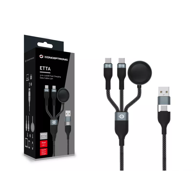 USB A uz 2× USB-C 3-in-1 ātrās uzlādes datu kabelis Conceptronic ETTA08B15 — 1,5 m, USB 2.0, 5A, Apple Watch lādētājs, 100W E‑Mark