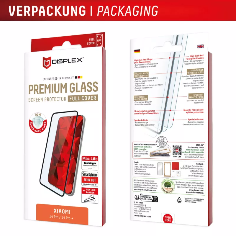 Displex Premium ekrāna aizsargs (pilns pārklājums, 10H) Xiaomi Redmi Note 13 Pro+/Note 14 Pro(+), EASY-ON® Eco montāžas rāmis, pilns pārklājums