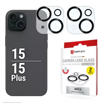 Displex Full Cover kameras objektīva aizsargstikls iPhone 15/15 Plus, 10H, pilna kameras aizsardzība, ātra uzstādīšana, 2 gab.
