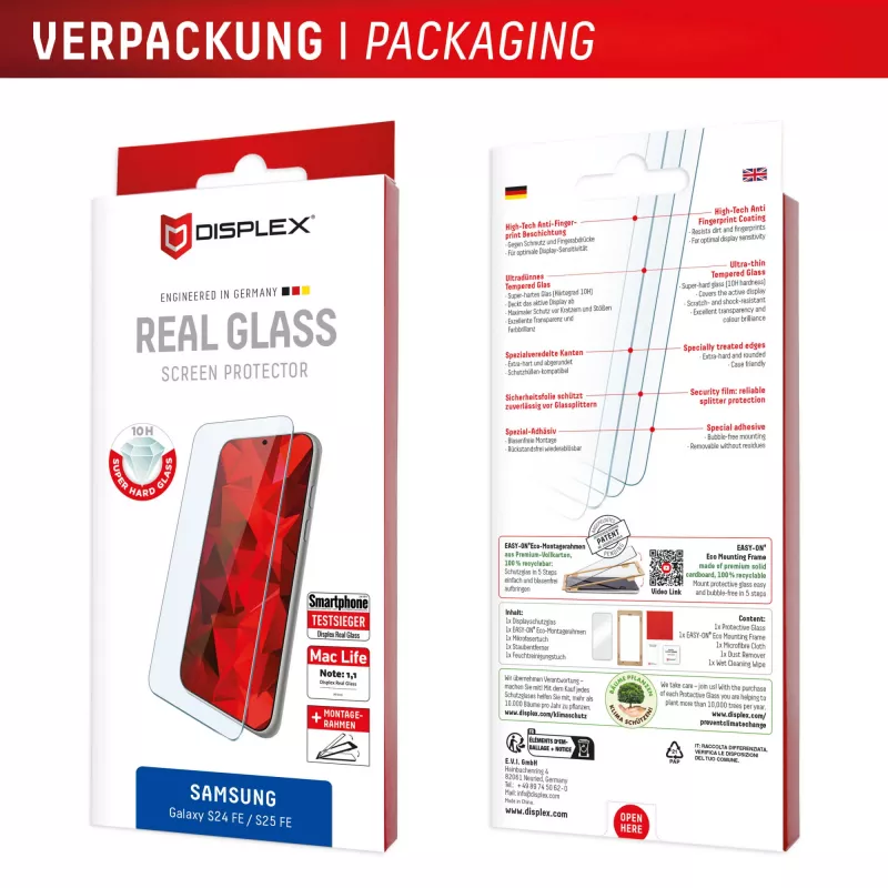 Displex ekrāna aizsargs (10H) Samsung Galaxy S25 FE/S24 FE, EASY-ON® Eco montāžas rāmis, izturīgs pret skrāpējumiem