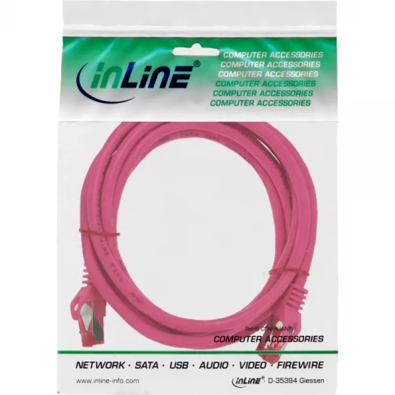 InLine komutācijas kabelis S/FTP PiMF Cat.6 250MHz PVC varš rozā 0.25m