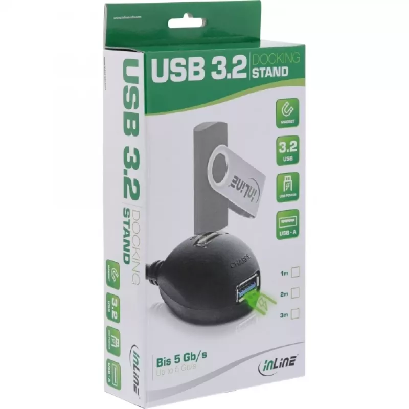 InLine USB 3.2 Gen.1 kabelis, USB Type-A tēvs/māte + barošana, ar statīvu, melns, 2 m
