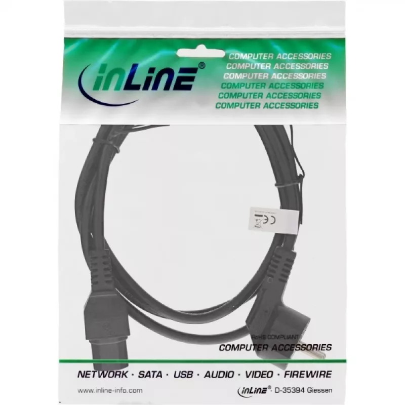 InLine strāvas kabelis, CEE7/7 leņķveida uz C15 taisnu, 3 x 1mm², melns, 3m