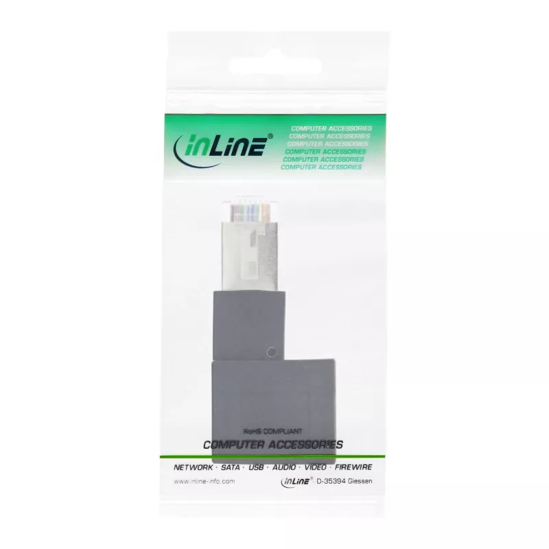 InLine plākstera kabeļa adapteris Cat.6A, RJ45 vīrišķais/sieviešu, leņķveida 90° pa kreisi