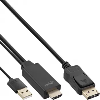 InLine HDMI–DisplayPort pārveidotāja kabelis, 4K, melns/zelts, 2 m