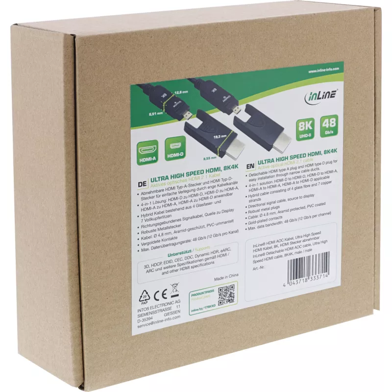 InLine HDMI AOC kabelis, Ultra High Speed HDMI, 8K4K, noņemams spraudnis, 20m