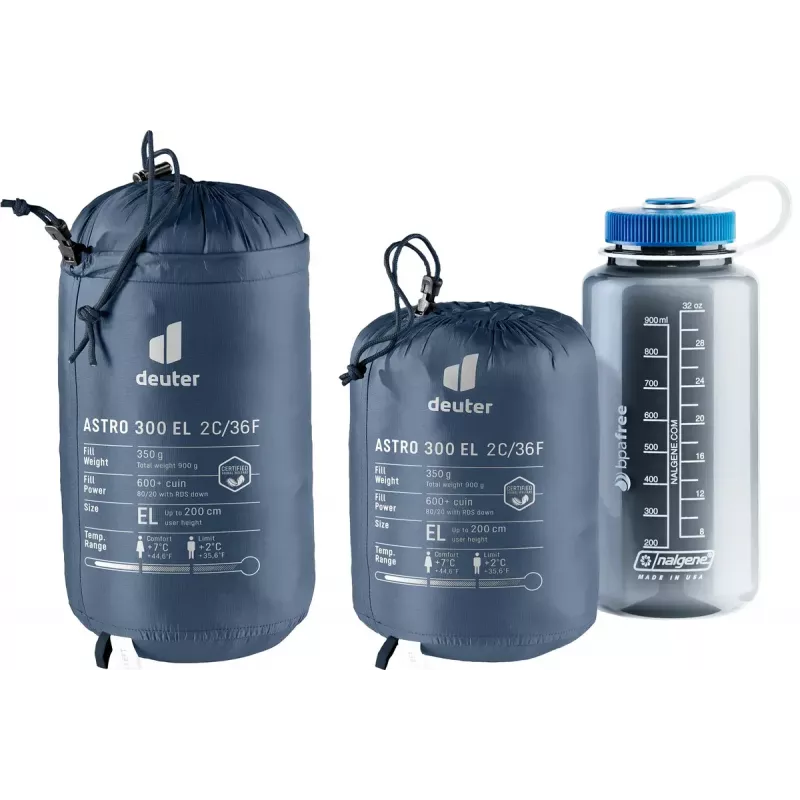 Mūmijas tipa guļammaiss DEUTER Astro 300 EL +2°C/36°F — maksimālais lietotāja augums 200 cm, platums 790 mm, dziļums 520 mm, Ripstop Blue