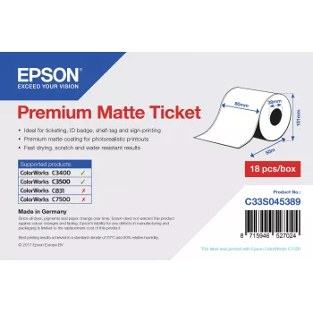 Epson Premium Matte Ticket - Roll: 80mm x 50m, Matte, 107 g/m², 1 gab., 107 mm, 108 mm, 89 mm