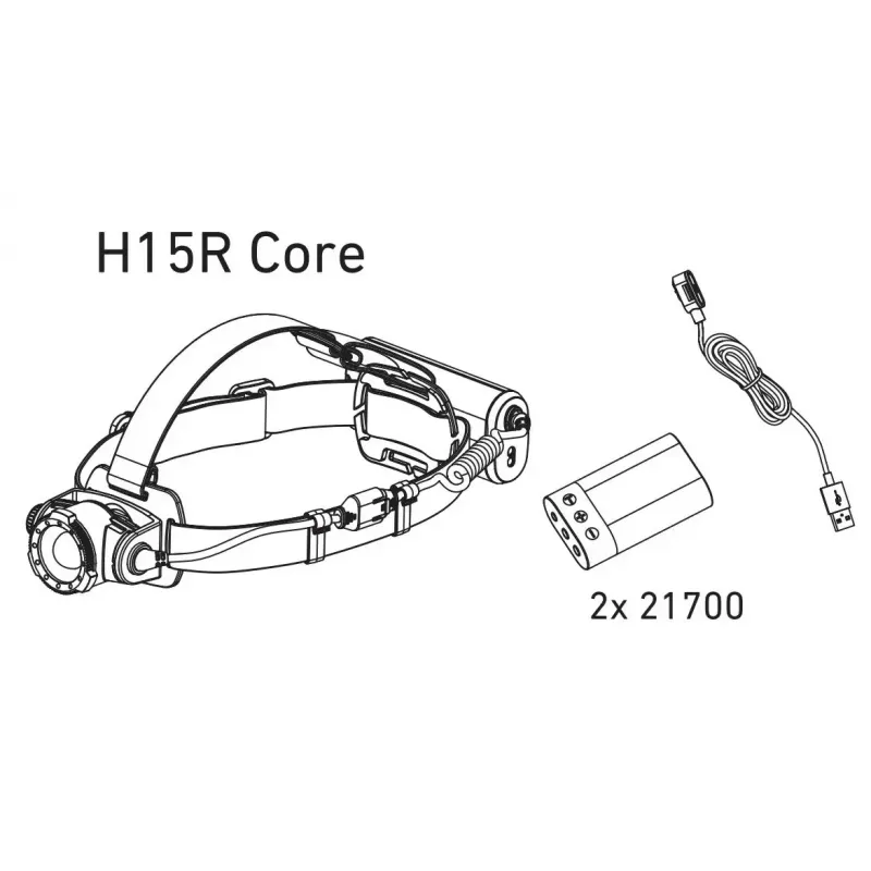 Headlamp Led Lenser H15R Core — galvas lenšu LED lukturis, 2500 lm, 21700 uzlādējams akumulators, IP67, 250 m staru kūlis, 4 jaudas līmeņi, alumīnijs, melns
