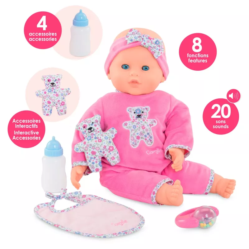 Lelle Simba‑Dickie Corolle 9000150050, interaktīva mazbērnu lelle, 42 cm augstums, AA baterija, rozā