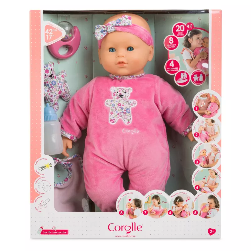 Lelle Simba‑Dickie Corolle 9000150050, interaktīva mazbērnu lelle, 42 cm augstums, AA baterija, rozā
