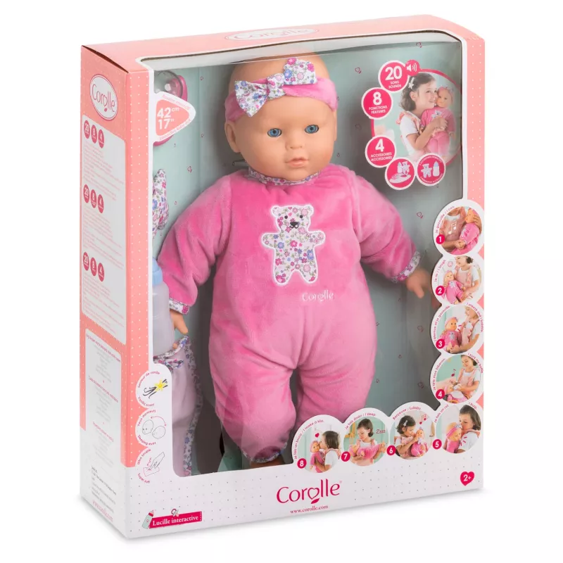 Lelle Simba‑Dickie Corolle 9000150050, interaktīva mazbērnu lelle, 42 cm augstums, AA baterija, rozā