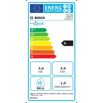Pārnēsājams gaisa kondicionieris Bosch Cool 2000 — balts, A klase, 1 kWh/h, R290, līdz 88 m³
