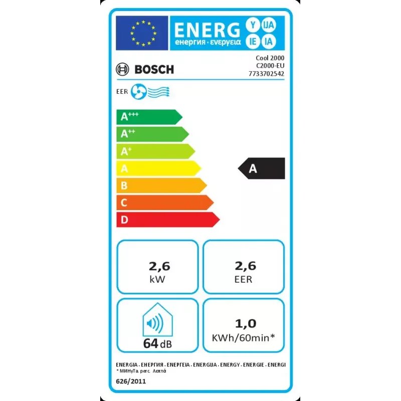 Pārnēsājams gaisa kondicionieris Bosch Cool 2000 — balts, A klase, 1 kWh/h, R290, līdz 88 m³