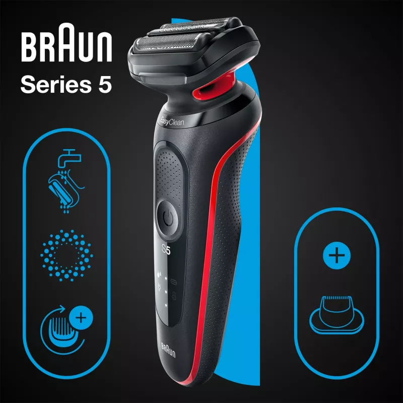 Braun Series 5 51-R1200S vīriešu skuveklis, folijas skuveklis, trimeris, melns, sarkans