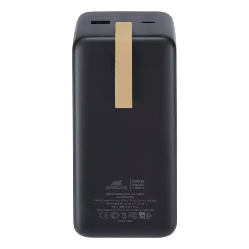 Ārējais akumulators Rivacase VA1084, litija polimēra akumulators, 40000 mAh, Quick Charge 3.0, 2× USB-C + 1× USB-A, melns