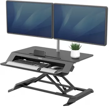 Fellowes Sit Stand Desk Riser - Lotus LT augstumā regulējams sēd-stāv galda pārveidotājs ar ērtu ierīču novietni - nav nepieciešama montāža - maksimālais svars 17 kg - melns