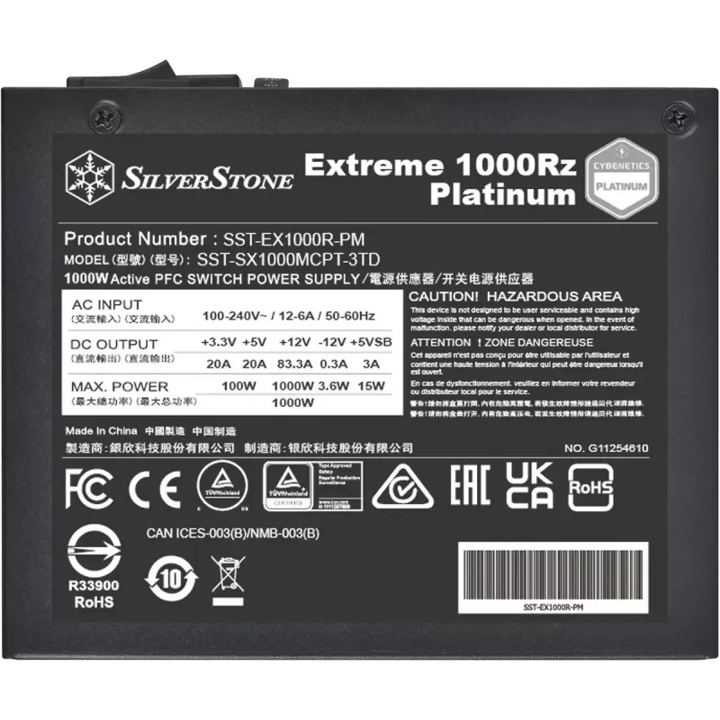 Silverstone Technology Extreme 1000Rz Platinum (melns, 2x 12-pin augstas jaudas GPU, 8x PCIe, kabeļu pārvaldība, 1000 vatu)