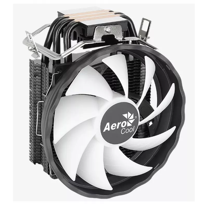 Gaisa dzesētājs AEROCOOL Rave 3 FRGB 120 mm Melns Balts — 4 siltuma caurules, ARGB, hidrauliskais gultnis, 1800 RPM