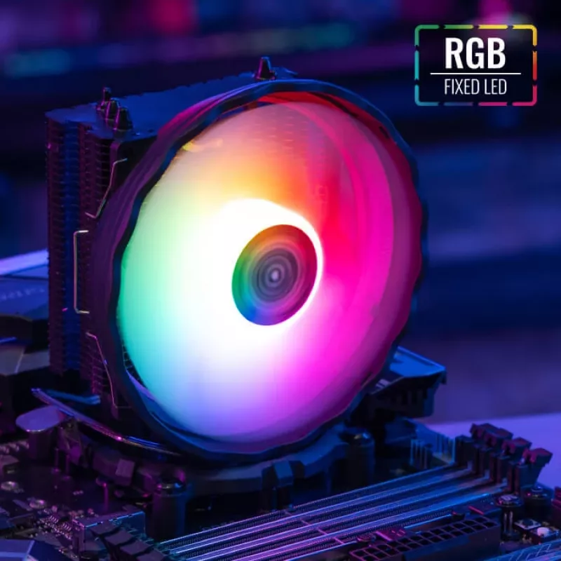 Gaisa dzesētājs AEROCOOL Rave 3 FRGB 120 mm Melns Balts — 4 siltuma caurules, ARGB, hidrauliskais gultnis, 1800 RPM