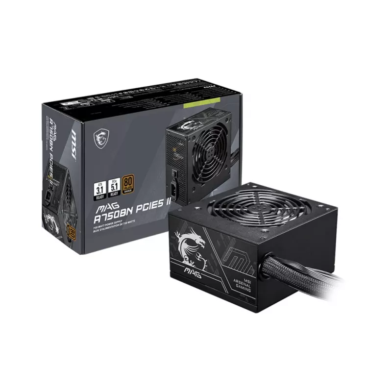 Barošanas bloks MSI MAG A750BN PCIE5 II 750 W, 24‑kontaktu ATX, nemodulārs, 80 PLUS Bronze, 120 mm ventilators, melns