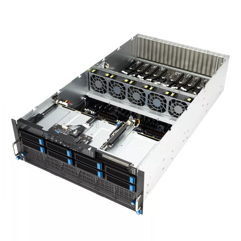 Rack server ASUS ESC8000A-E12-SKU2 (4U) — atbalsta 2× AMD EPYC 9004, DDR5 līdz 6 TB, 24 DIMM, 3000W barošanas bloks