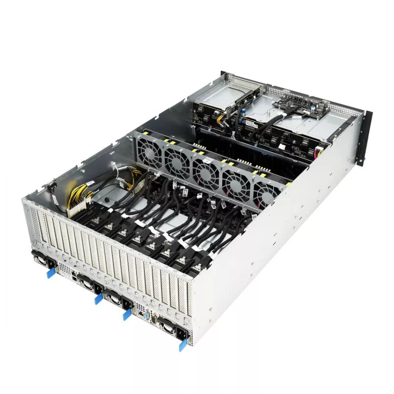 Rack server ASUS ESC8000A-E12-SKU2 (4U) — atbalsta 2× AMD EPYC 9004, DDR5 līdz 6 TB, 24 DIMM, 3000W barošanas bloks
