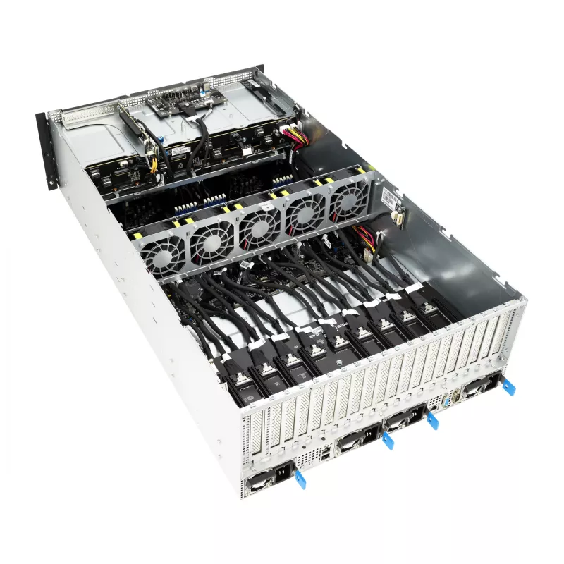 Rack server ASUS ESC8000A-E12-SKU2 (4U) — atbalsta 2× AMD EPYC 9004, DDR5 līdz 6 TB, 24 DIMM, 3000W barošanas bloks