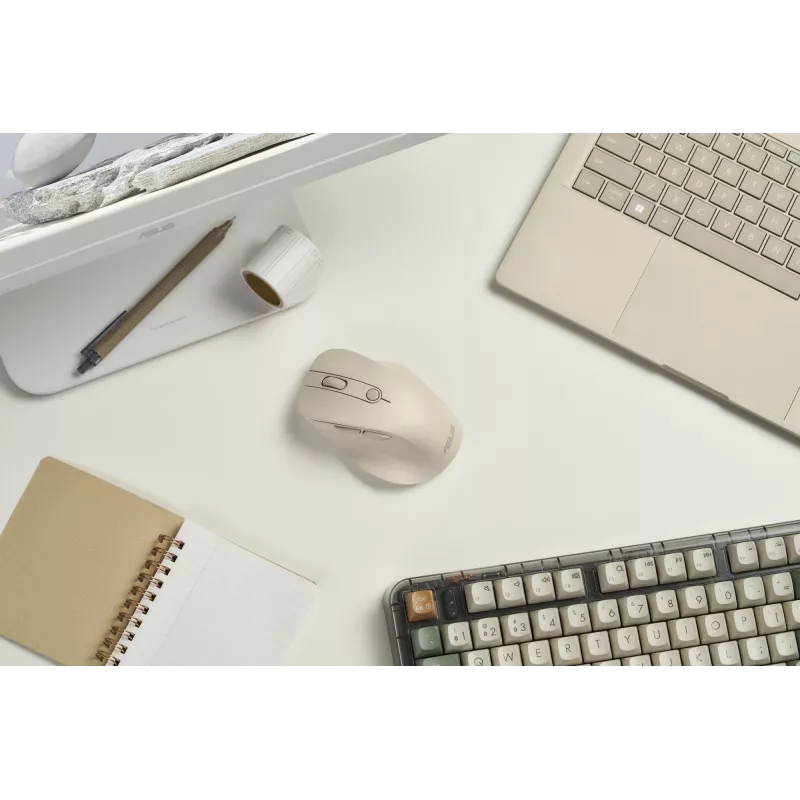 Bezvadu pele labročiem ASUS MD105 MK-WH — RF + Bluetooth, 2400 DPI, ritenītis, baterija, bēša