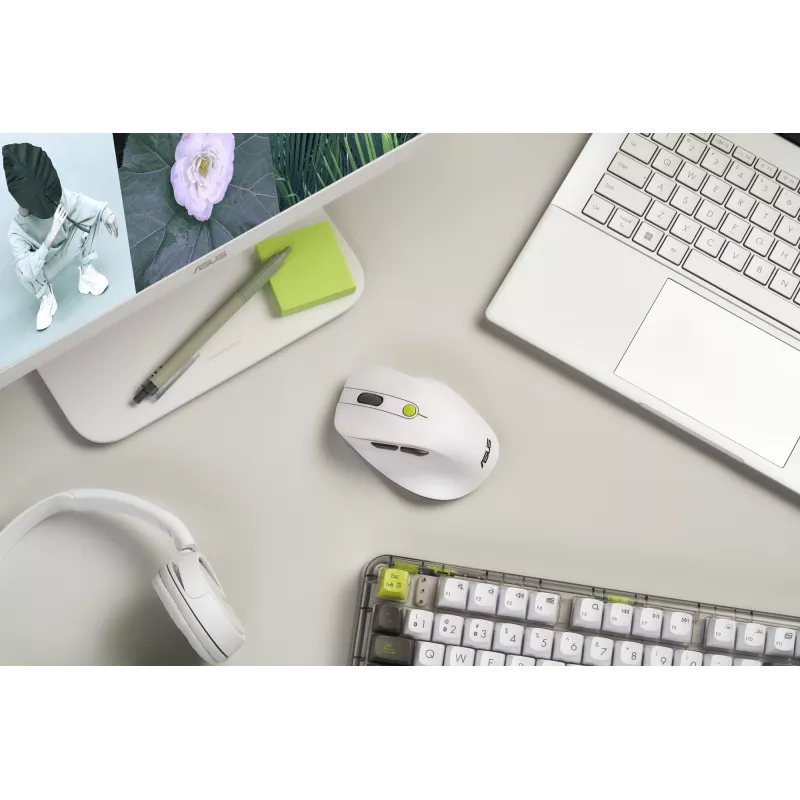 Pele ASUS MD105 /VT-GN — labās rokas RF bezvadu + Bluetooth, 2400 DPI, ritināšanas ritenis, darbināma ar baterijām, balta/zaļa