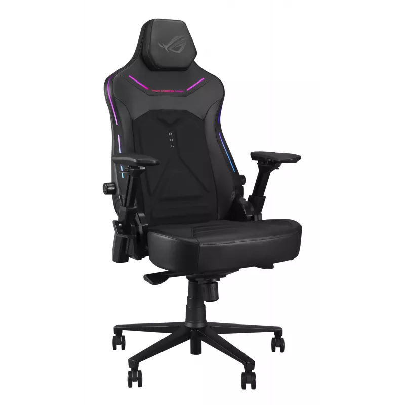 Universāla spēļu krēsls ASUS ROG Courser — polsterēts sēdeklis, maksimālais svars 136 kg, sēdekļa platums 670×700 mm, minimālais augstums 140 cm, melns