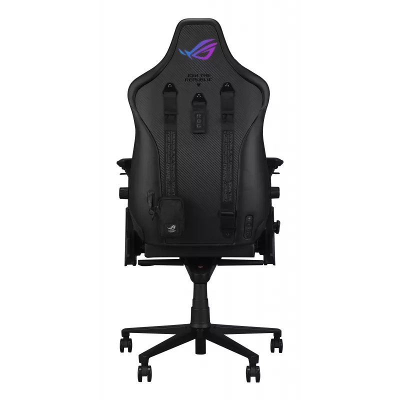 Universāla spēļu krēsls ASUS ROG Courser — polsterēts sēdeklis, maksimālais svars 136 kg, sēdekļa platums 670×700 mm, minimālais augstums 140 cm, melns