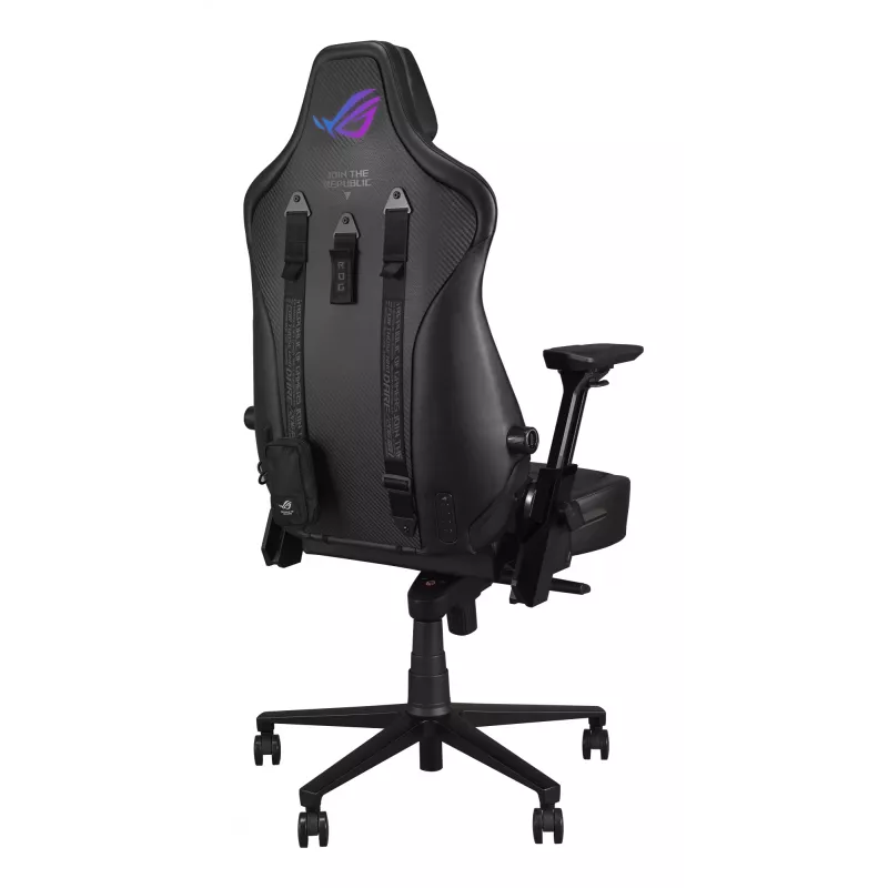 Universāla spēļu krēsls ASUS ROG Courser — polsterēts sēdeklis, maksimālais svars 136 kg, sēdekļa platums 670×700 mm, minimālais augstums 140 cm, melns