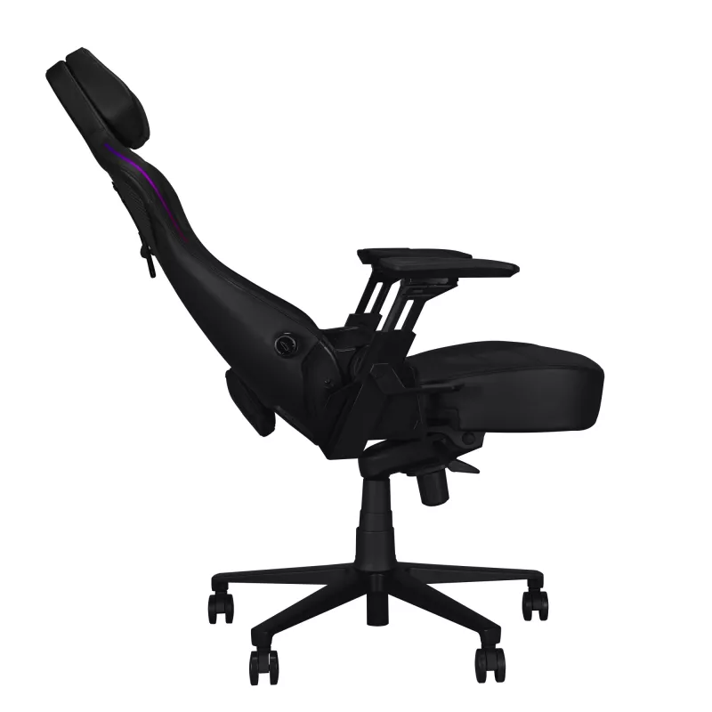 Universāla spēļu krēsls ASUS ROG Courser — polsterēts sēdeklis, maksimālais svars 136 kg, sēdekļa platums 670×700 mm, minimālais augstums 140 cm, melns