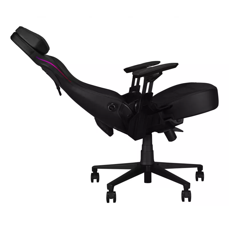 Universāla spēļu krēsls ASUS ROG Courser — polsterēts sēdeklis, maksimālais svars 136 kg, sēdekļa platums 670×700 mm, minimālais augstums 140 cm, melns
