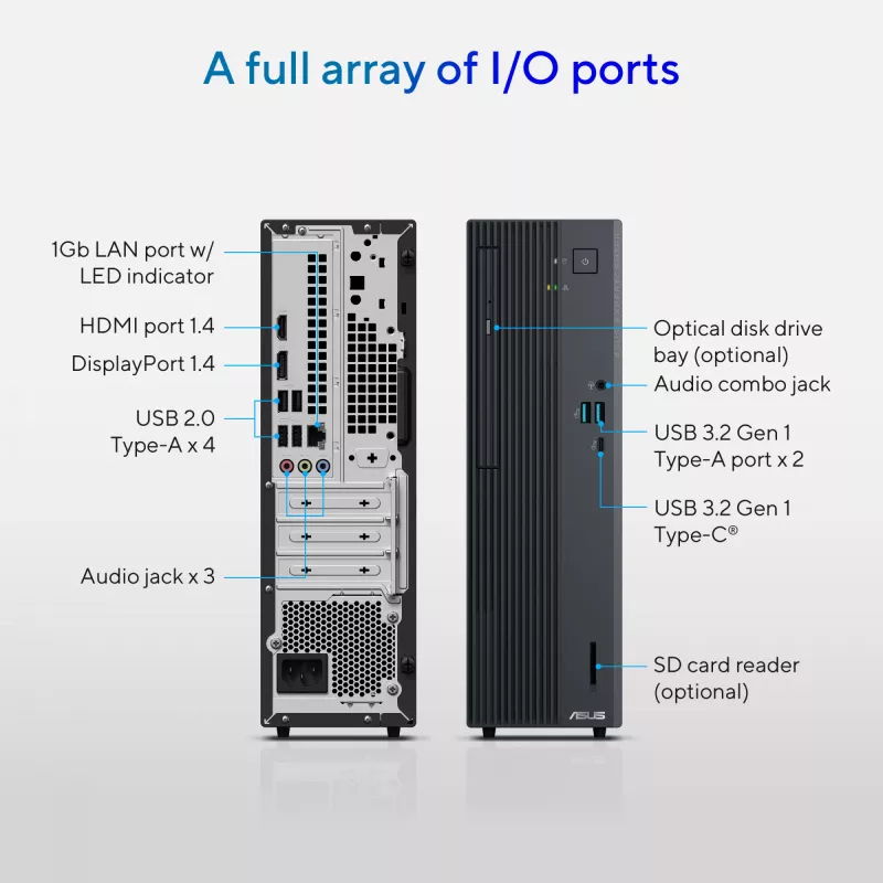 ASUS ExpertCenter P500 SFF<br><b>Izcila vērtība un veiktspēja uzņēmumiem</b><br>ASUS ExpertCenter P500 SFF apvieno augstu veiktspēju, biznesa līmeņa drošību un komercklases pakalpojumu funkcijas kompaktā un stilīgā dizainā, nodrošinot budžeta apzinīgiem mazo un vidējo uzņēmumu lietotājiem elastīgu un organizētu darbvietu. Izstrādāts, lai izturētu skarbus apstākļus un atbilstu MIL-STD-810H ASV…