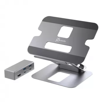 j5create JTS327 Multi-Angle 4K Docking Stand, klēpjdatora statīvs, pelēks, alumīnijs, 40,6 cm (16 collas), 4 kg, Windows klēpjdators / Mac