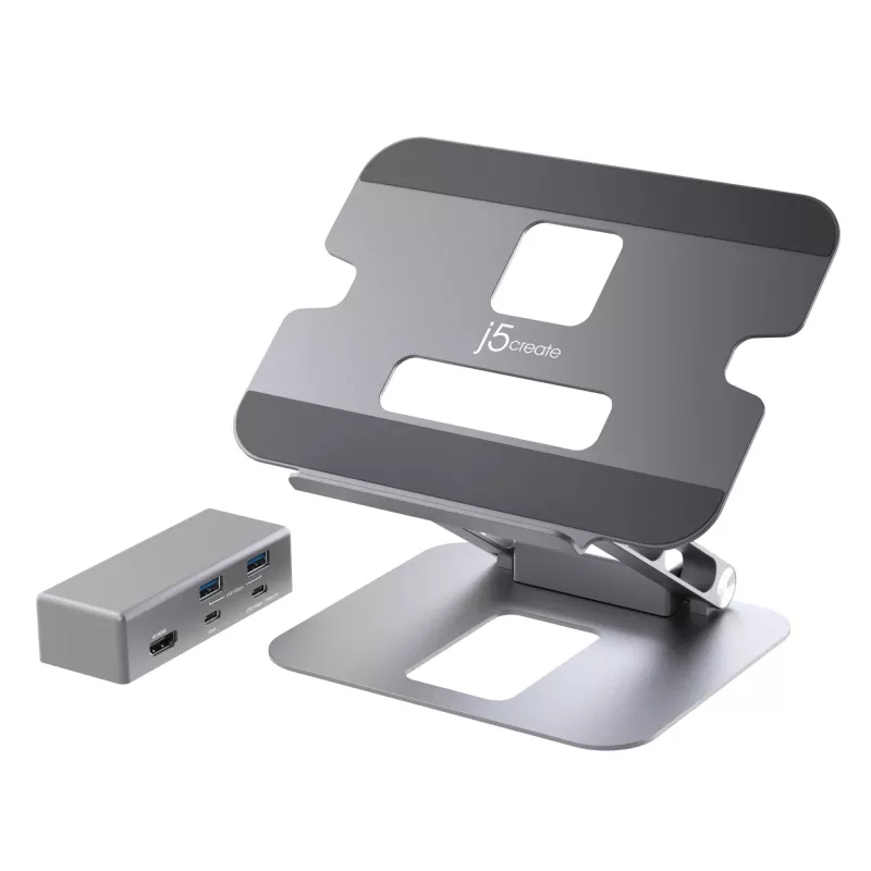 j5create JTS327 Multi-Angle 4K Docking Stand, klēpjdatora statīvs, pelēks, alumīnijs, 40,6 cm (16 collas), 4 kg, Windows klēpjdators / Mac