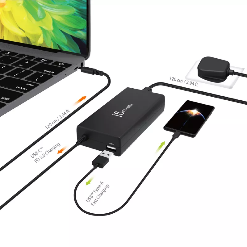 j5create JUP2290C-FN 100W PD USB-C® Super Charger - UK, Melns, komplektā 1,2 m kabelis
